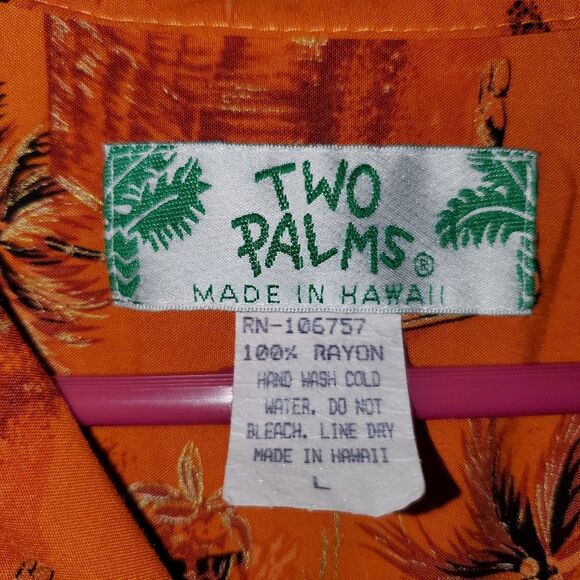Vintage Two Palms Golden Aloha Hawaiian Palms Rayon Shirt Orange Large - Picture 7 of 9